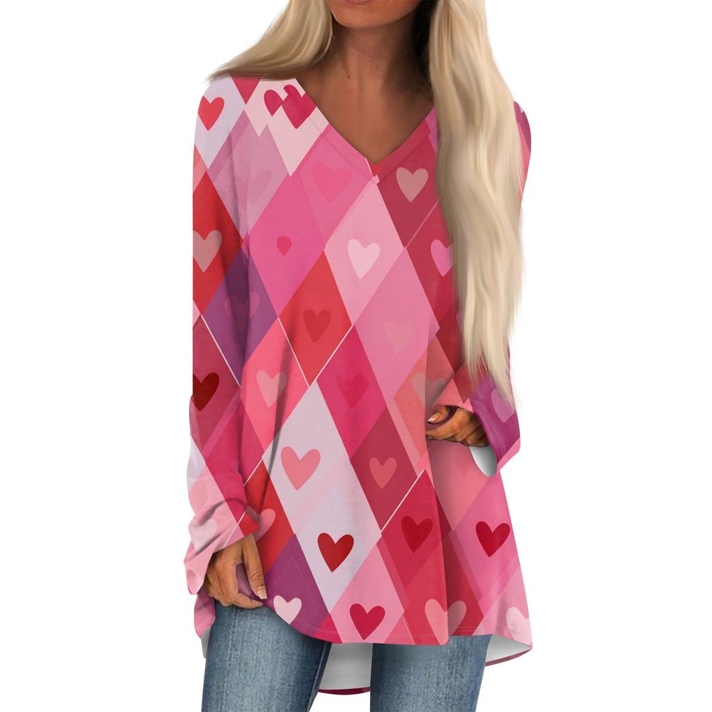Women's Fashionable Casual Long,Sleeved Valentine's Day Print V,Neck Mid,Length Top