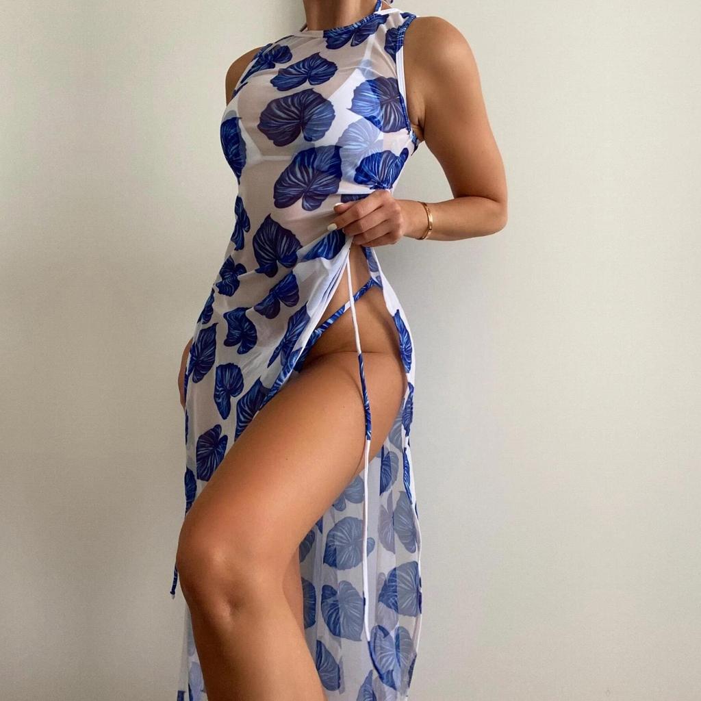 Maillot de bain femme fendu trois points cordon de serrage couleur unie maille trois pièces maille Bikini ensembles