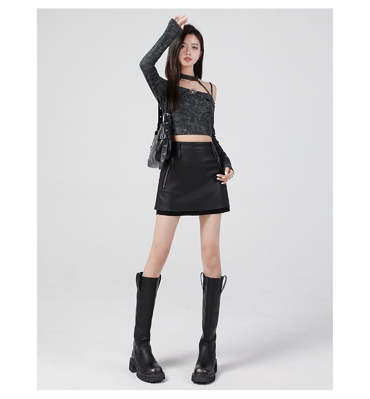 T98 Brown High-Waisted Leather Midi Skirt - Retro Distressed Style for Autumn/Winter