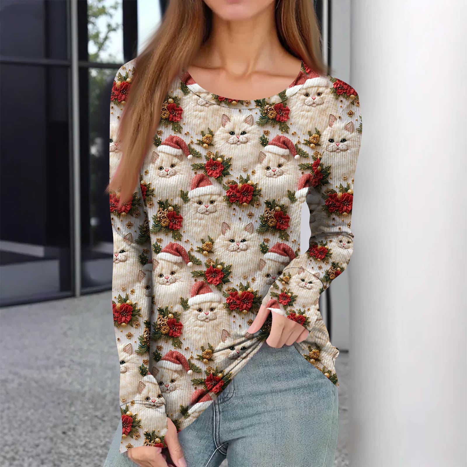

Women s Winter Slim Bottom T-shirt Fashion Casual Gradient Printing Round Neck Pullover Long Sleeve Top XXL хаки