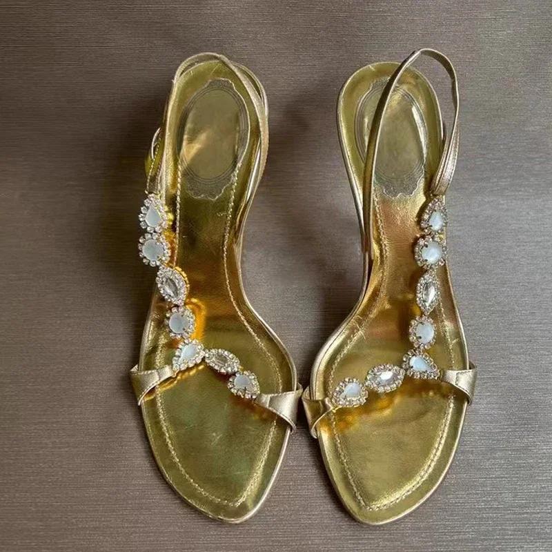 Fashion Luxury Gold Crystal Designer High Heeled Sandals Women Fashion Square Toe Party Wedding Shoes Elegant High Heels Sandalias Mujer