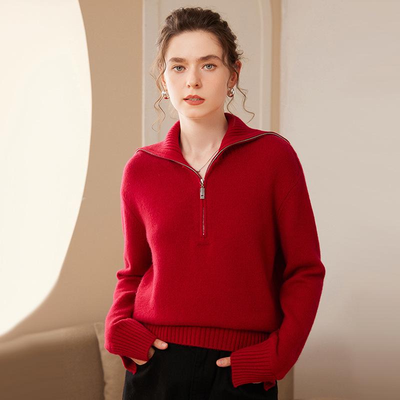 2024 Autumn/Winter Women's Cashmere Knit Lapel Half-Zip Outerwear, Long Sleeve, Loose Fit, Warm & Slimming