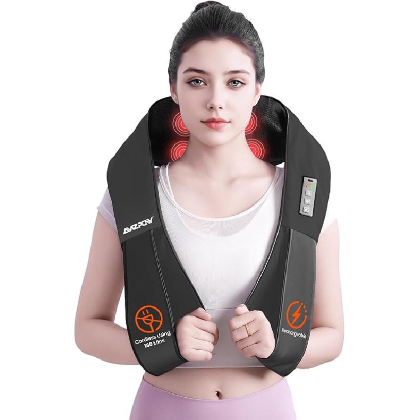AMZPONY® Cordless Neck Massager for Pain Relief Deep Tissue, Rechargeable Shiatsu Neck and Back Massager with Heat Kneading Shoulder Massage for