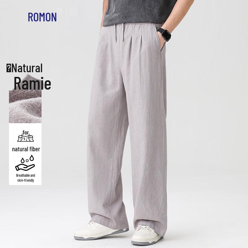 ROMON Unisex Cotton Linen Ramie Blend Loose Straight Leg Pants