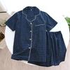 Set Pigiama Estivo per Coppia: Completo da donna a quadri in cotone a maniche corte con pantaloncini, Pigiama casual taglie forti da uomo