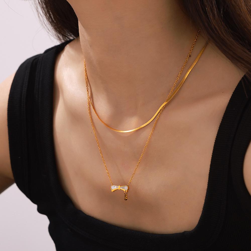 Retro Shell Bow Titanium Steel Gold-Plated Necklace Temperament Elegant Collarbone Chain Light Luxury Design Sense Necklace Decoration Women