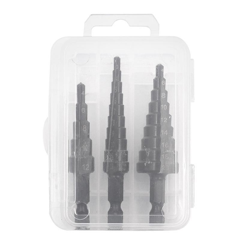 High-Speed Steel Step Drill Set with Nitrided Black Hexagonal Handle, Straight Groove, 3-12mm, 4-12mm, 4-20mm Sizes - Pagoda Drill Opener