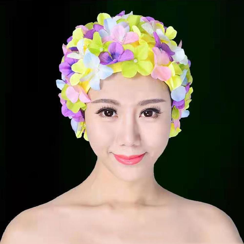 

Женская плиссированная шапочка для плавания с цветком, универсальный размер, мягкая, для длинных волос, дышащая шапочка для душа, пляжный серфинг, защита ушей, эластичные шапочки, уютные