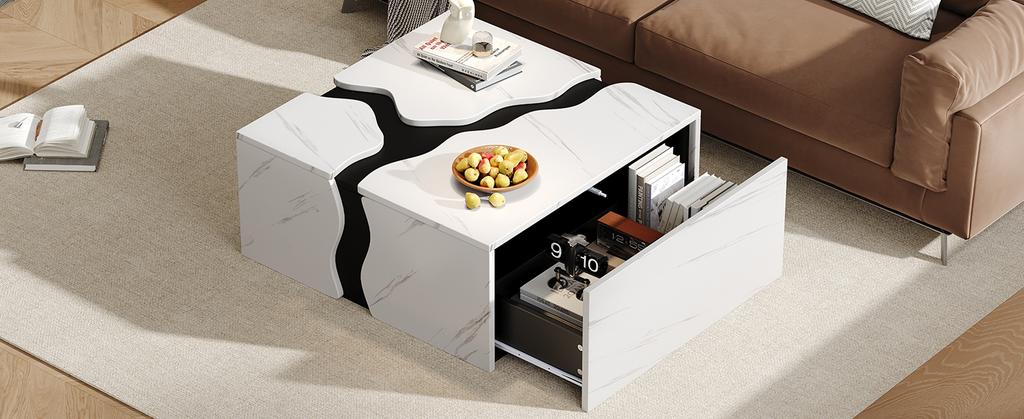 Table Basse de Salon, 70 x 70 x 31 cm, Design Géométrique en Forme de Cube, Table d'Appoint avec Tiroir, Table avec Placage Marbre de Forme Unique