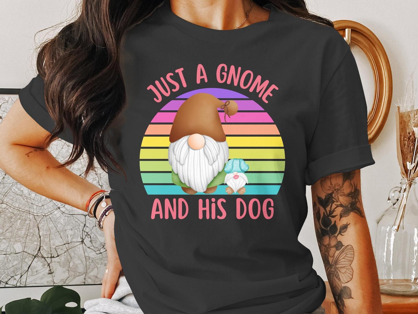 Just A Gnome And His Dog T-Shirt, Cute Gnome And Dog Tee, Rainbow Striped Background, Adorable Gnome Shirt, Dog Lover Gift 4XL