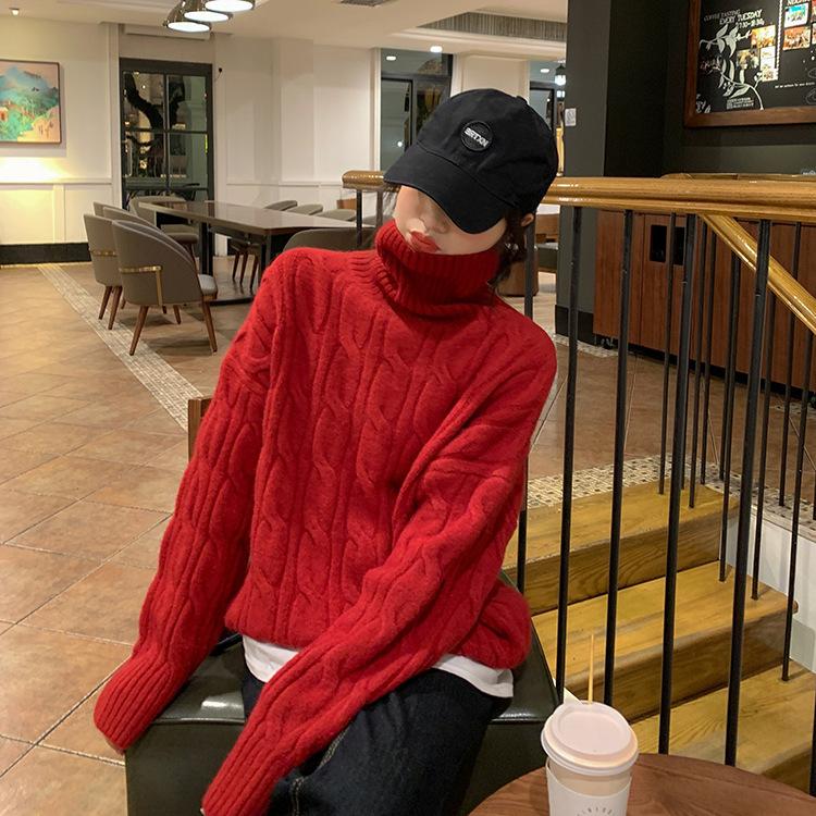 Autumn and winter turtleneck twist sweater women's inner lining solid color casual lazy loose outer top knitted sweater