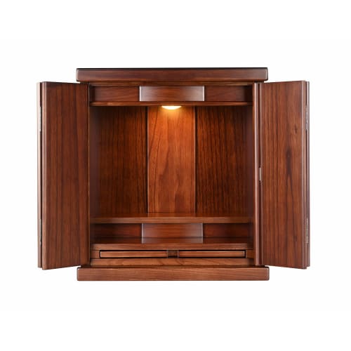 Oda Kobo Mini Buddhist Altar, Furniture Style, High-Quality Solid Paulownia Wood, Lightweight, with LED Lighting (Walnut Color, Size 14)