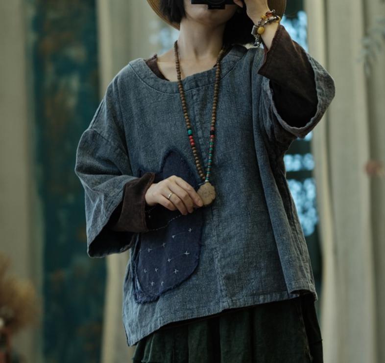 

Johnature женские винтажные хлопковые льняные футболки в стиле пэчворк с котом, свободные футболки, осенние женские джинсовые цветные футболки с длинными рукавами