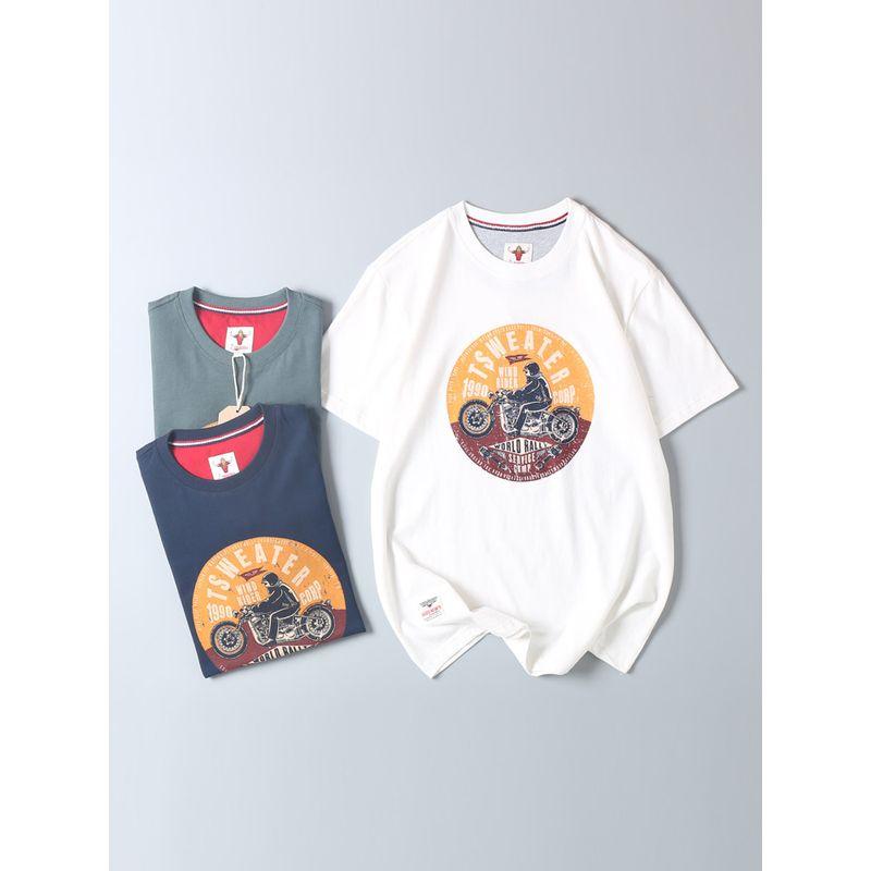 Vintage Motorcycle Print Short-Sleeve T-Shirt for Men, Pure Cotton, Niche Loose-Fitting Trendy Tee, Surplus from Japanese Export