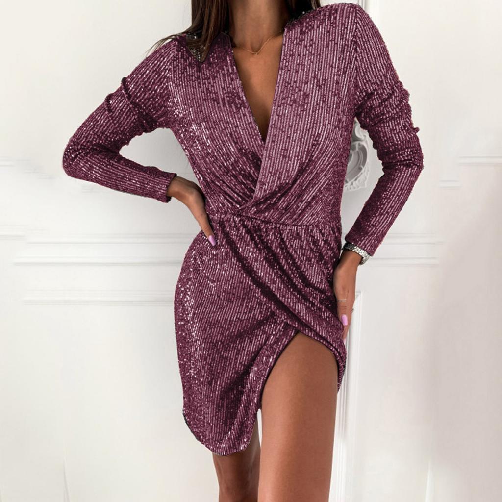 Women's New Solid Color V-Neck Sexy Sequined Lace Mesh Stitching Hem Slit Dress