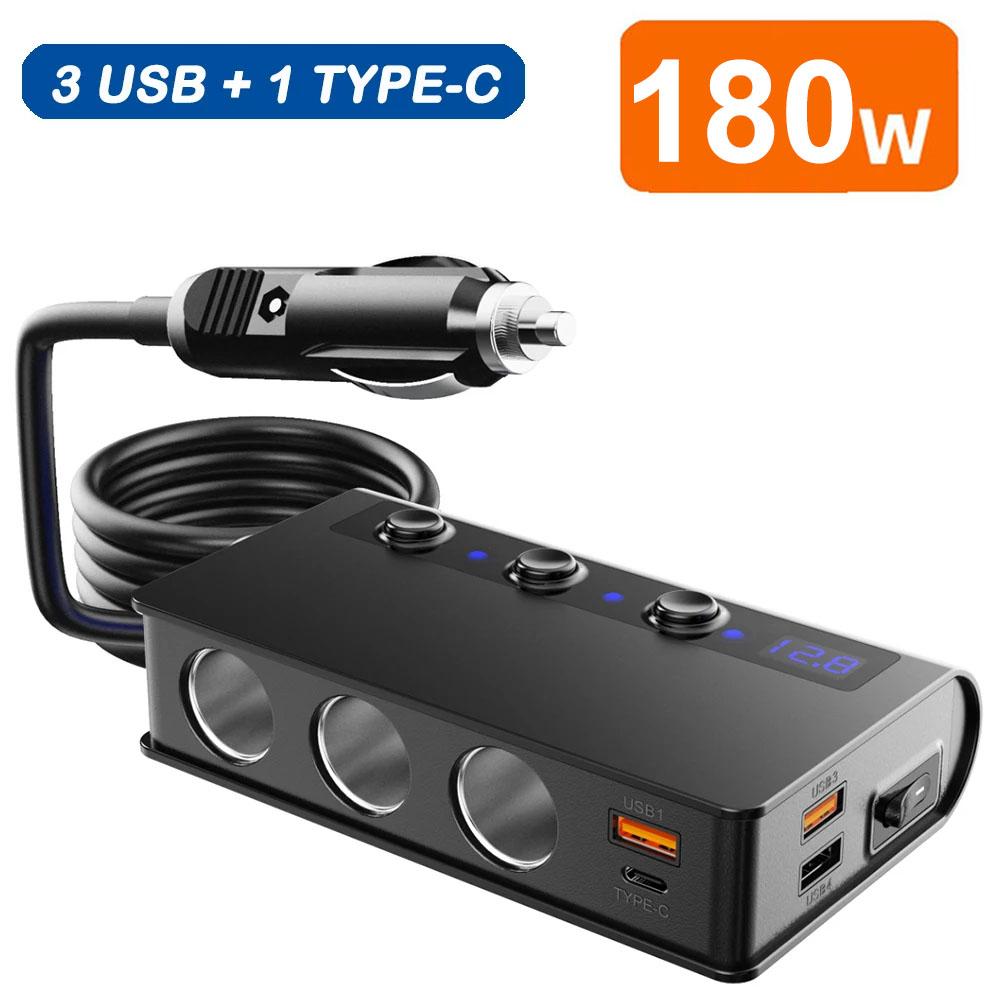 228W 9 In 1 Car Charger Adapter PD QC3.0 Charge Independent Switches DC Cigarette Outlet PD 3 Socket Cigarette Lighter Splitter