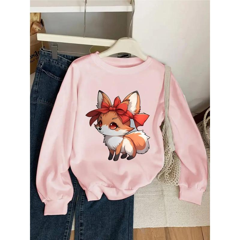 European sizes Crewneck Sweatshirt for Kids Featuring an Adorable Fox with a Red Bow, Sports And Casual Wear Is Soft, Comfortable