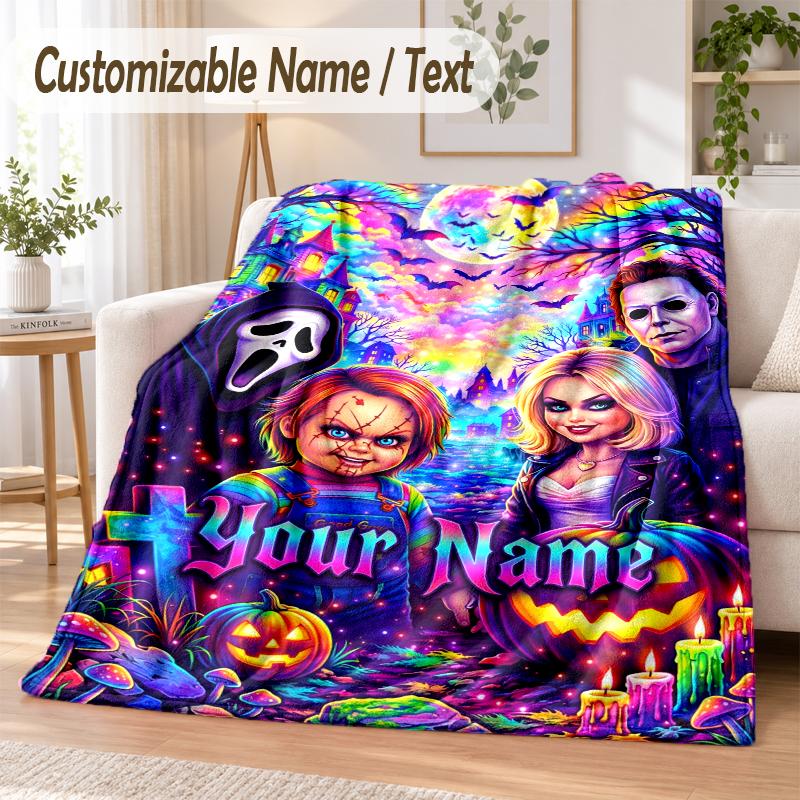 Child's Play Chucky Tiffany Custom Name Flannel Throw Blanket Soft Warm for Sofa Bed Indoor Home Use