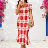 Women Plus Size V Neck Short Sleeve Geometric Printed Fitted Fishtail Dress