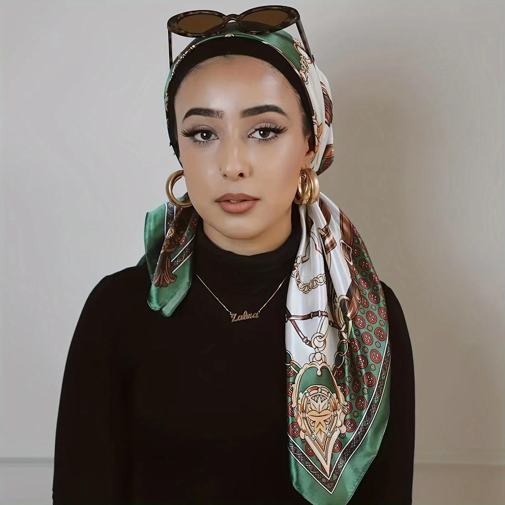 Chain Printed Square Hijab Scarf Stylish Thin Satin Shawl Elegant Style Sunscreen Headscarf For Women