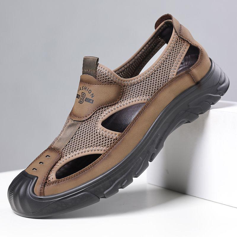 

Мужские летние сандалии из натуральной кожи 2024 года с дышащей отделкой: Обувь Mesh для вождения, отдыха на природе, вброд и на пляже 42