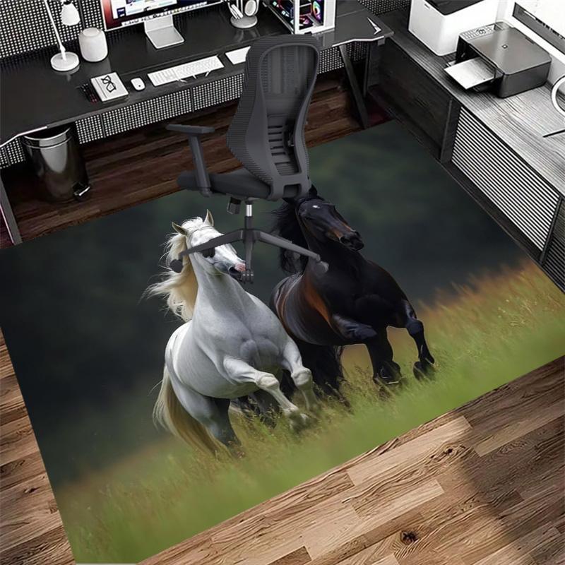 Black And White Running Horses Grassland Oil Painting Area Rug Wildlife Animal Non Slip Rectangular Floor Mat Horse Lover Gaming Bedroom Decor Rug