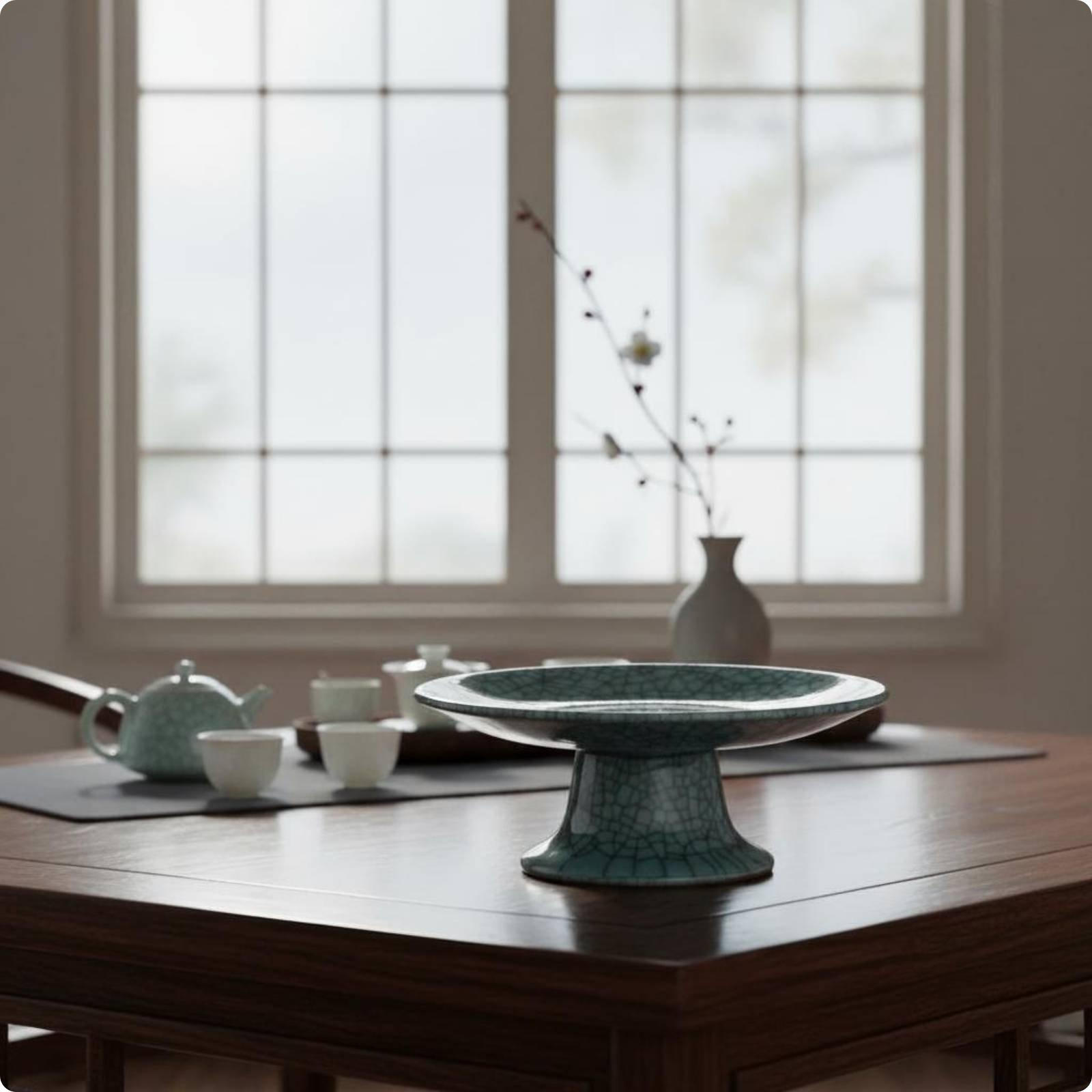 Offering Fruit Dish Home Altar Celadon Pedestal Plate Glazed Finish Chinese Stand Buddhists, Fenqing Ge Kiln