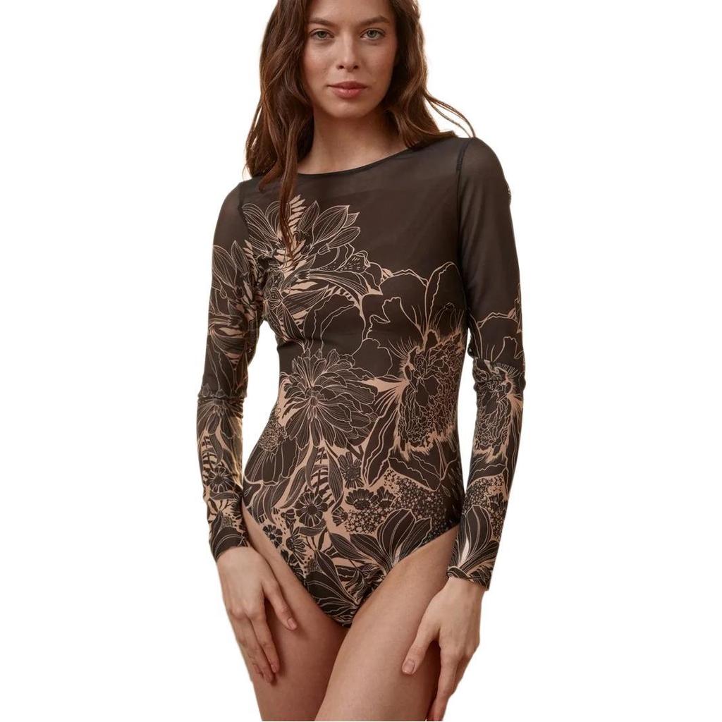 Damen Stammesgeometrischer Print Langarm Einteiler Badeanzug Rundhalsausschnitt UPF Sonnenschutz Schlanke Passform Surfen Tauchen Bodysuit