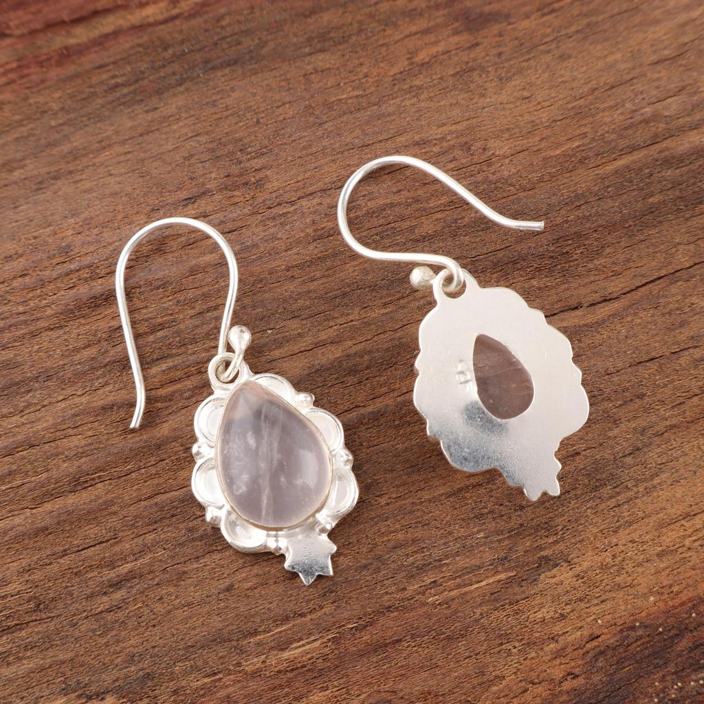 Rosenquarz Handgefertigte Edelstein-Ohrringe, 925 Sterlingsilber-Ohrringe, Einzigartiges Design Schmuck-Ohrringe für Frauen