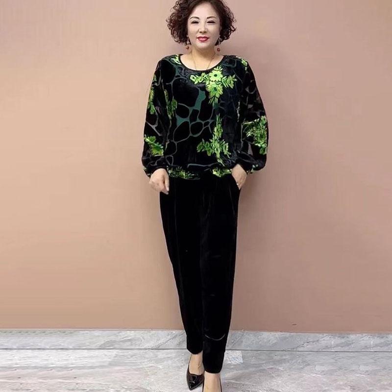 2pcs Pants Suits High-end Women's Velvet Printed Plus Size Blouse High-waist Velvet Pants Two-piece Round Neck Velvet T-shirt Fall Winter