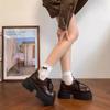 Black thick-soled lace-up small leather shoes for women's 2025 spring and autumn new British style versatile height-increasing round head muffin sin