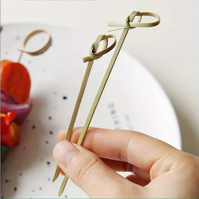 100pcs Bamboo Skewers with Knotted Handle, Disposable Cocktail Party Food Picks, 3.54 Inch Fruit Forks for Outdoor