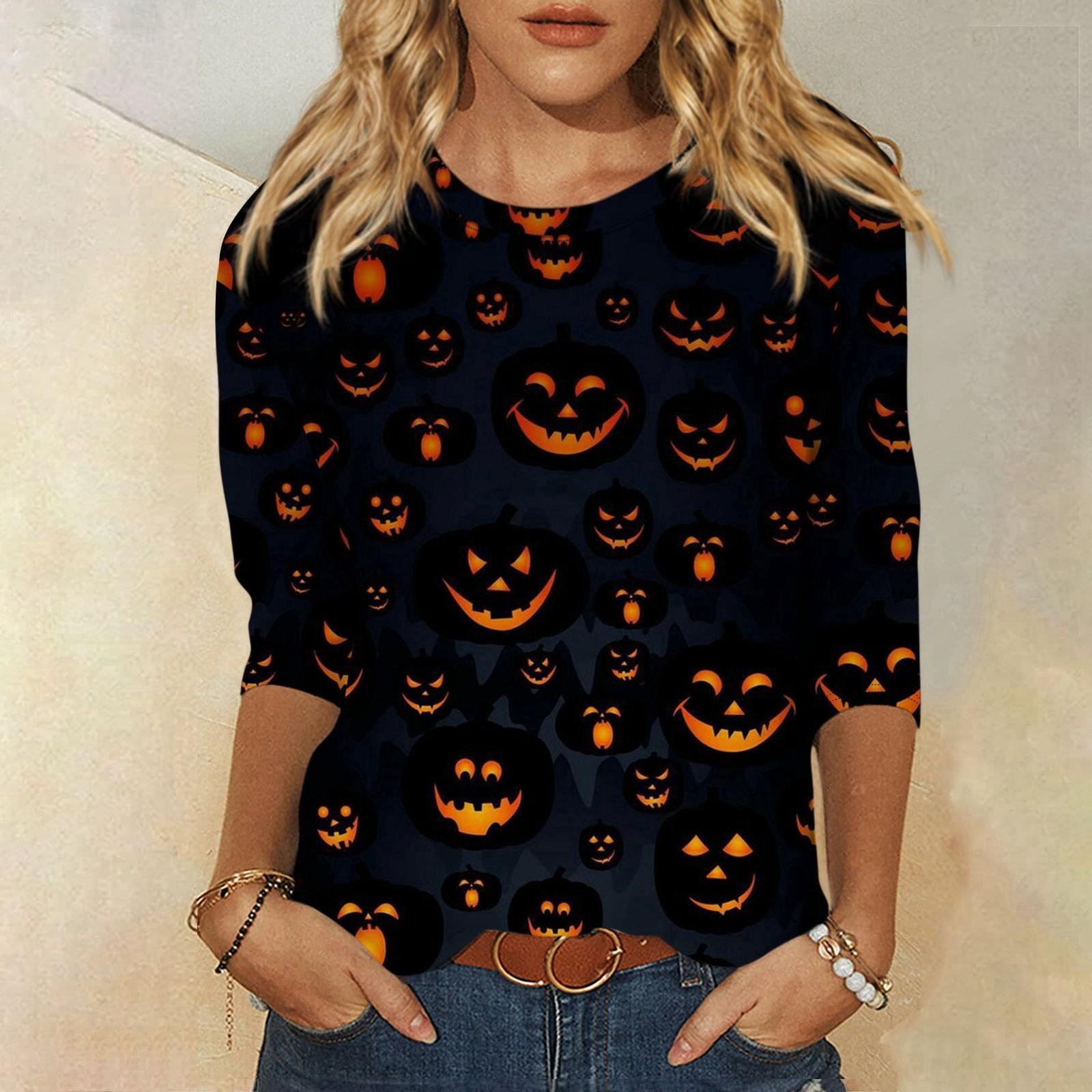 

Женская модная повседневная свободная футболка с круглым вырезом и рукавами 3/4 на Хэллоуин, женский топ S чёрный