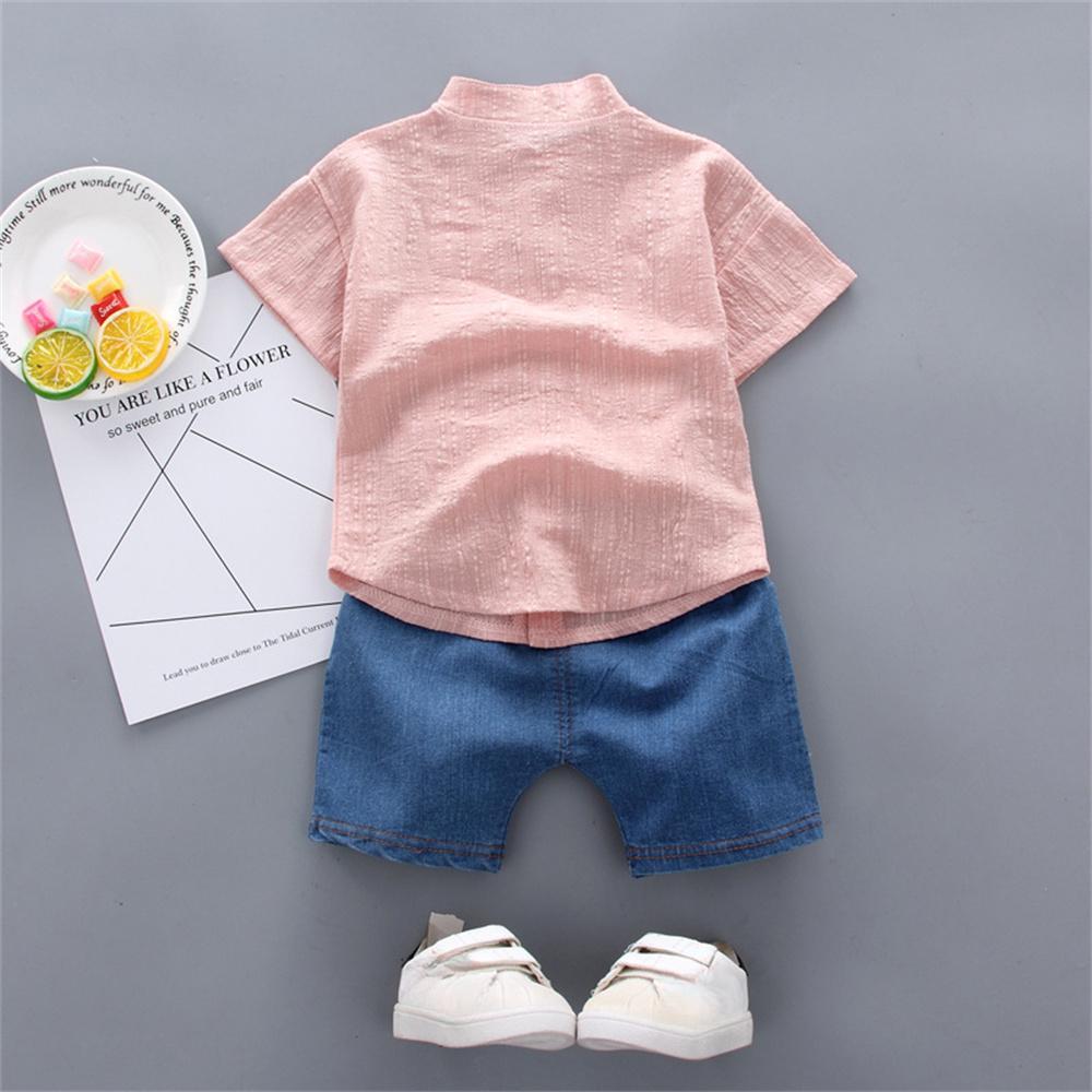 2PCS Baby Set Summer Fashion Simple Cartoon Giraffe Pattern Standing Neck Short Sleeve Denim Shorts Set