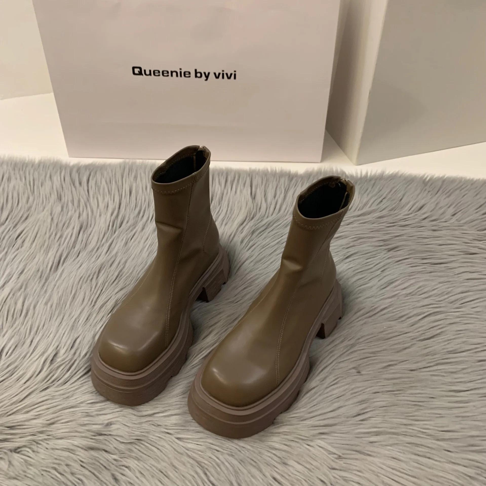 

Мода 2024Новые Женские Ботинки Модные Кожаные Повседневные Ботинки Роскошный Бренд Челси Ботильоны для Женщин Уличные Ботинки на Платформе Botas Mujer 35 хаки