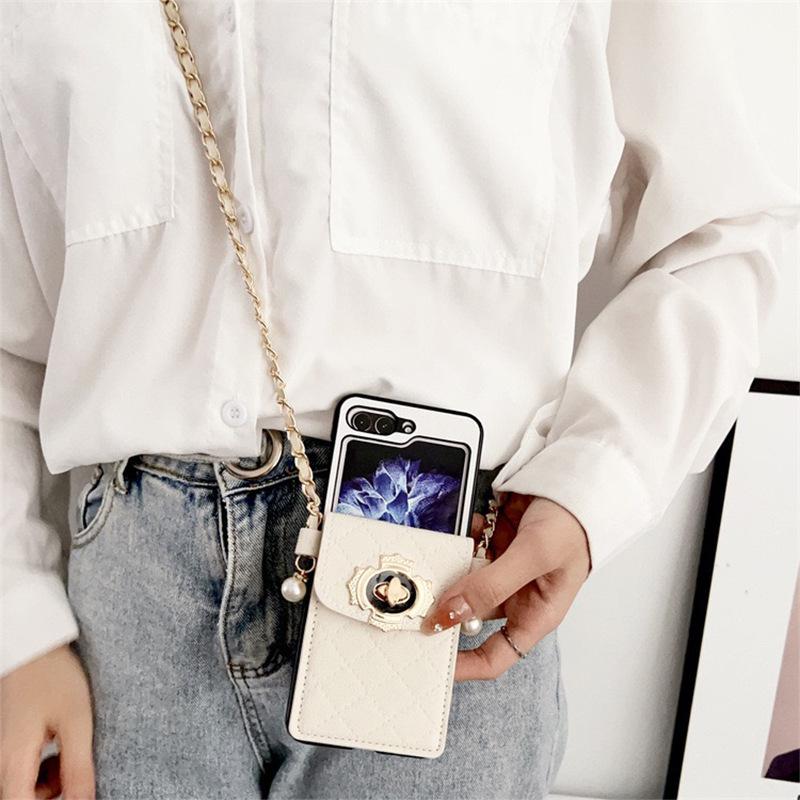 For Samsung Zflip5 Lock Flower Wallet Phone Case P50pocket Crossbody Rope Chain Folding Flip