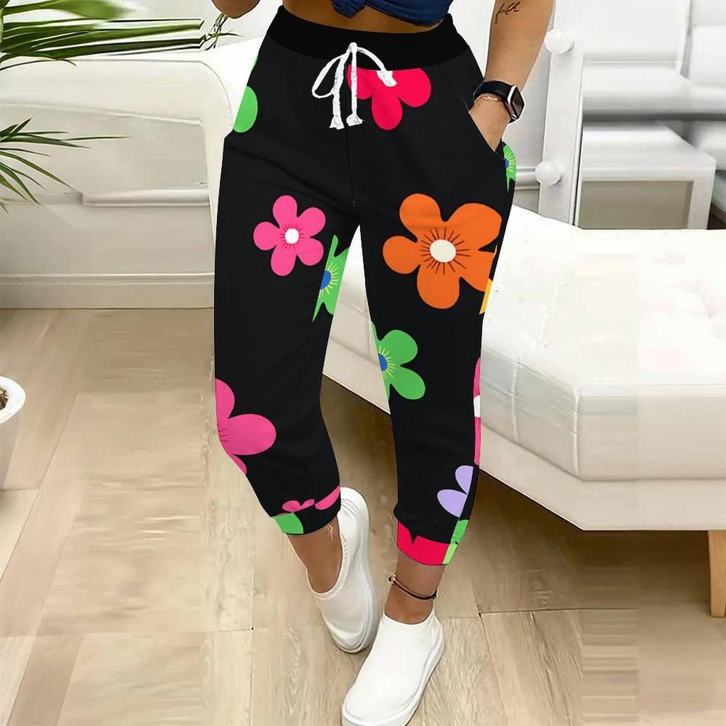 Summer Ladies Graffiti Flowers Printed Sweatpants Loose Fit Drawstring Joggers Elastic Cuff Daily Casual Pants