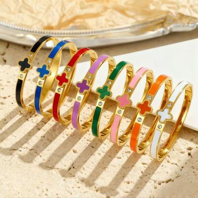 Titanium Steel Zircon Four-Leaf Flower Bracelet with High-End Enamel Epoxy