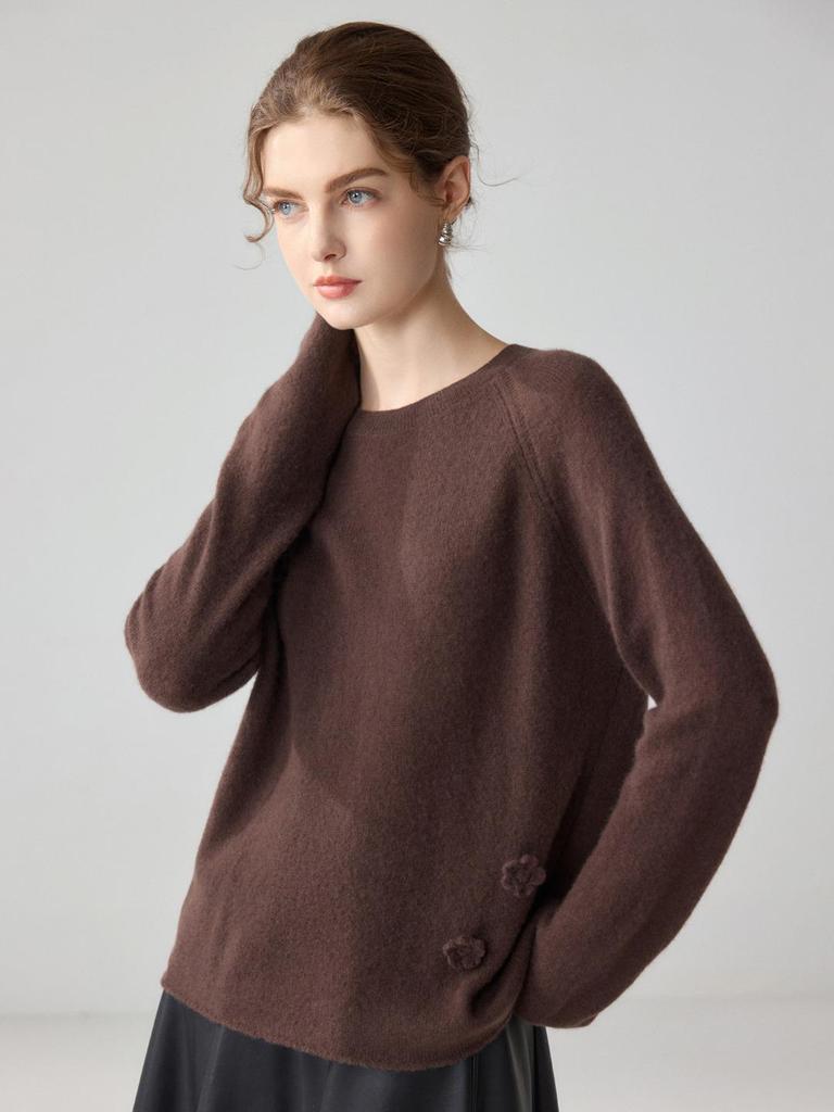 Luxurious Women's 75% Cashmere 25% Mulberry Silk Floral Inlay Round Neck Sweater