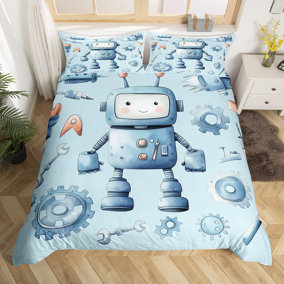 Housse de couette Robot Jouets de dessin animé Équipement intelligent Ensemble de literie Fleurs aquarelles Housse de couette 3 pièces Polyester Housse de couette EU Single(135x200cm)