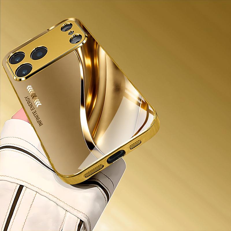 Coque de téléphone en verre motif courbe métallique de luxe peinture métallique dorée pour iPhone 17 Pro Max 11 12 13 14 15 16 Plus 17Air 16E Housse