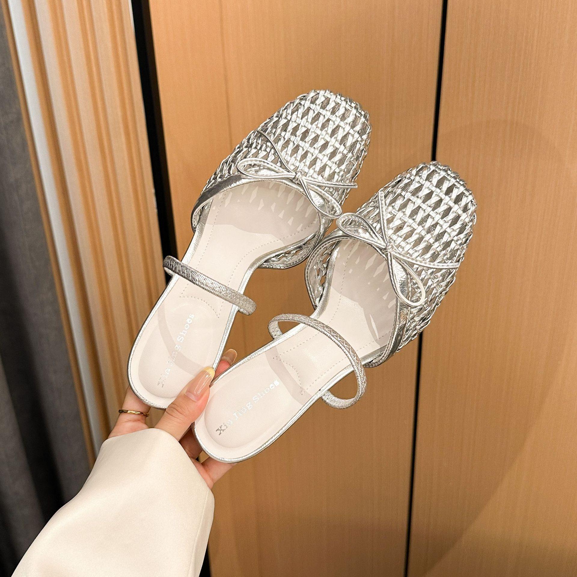

396-3 Breathable summer new French one-word belt hand-woven hollow bow bag head thin heel high heel slippers 40 серебряный
