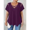 V-neck Short Sleeved Cross Strap T-shirt Large Size Summer Casual Fashion Hollow Out Blouse Solid Color Women Sweet Simple Office Shirts Clothing