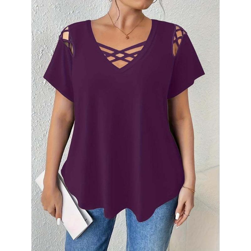 V-neck Short Sleeved Cross Strap T-shirt Large Size Summer Casual Fashion Hollow Out Blouse Solid Color Women Sweet Simple Office Shirts Clothing