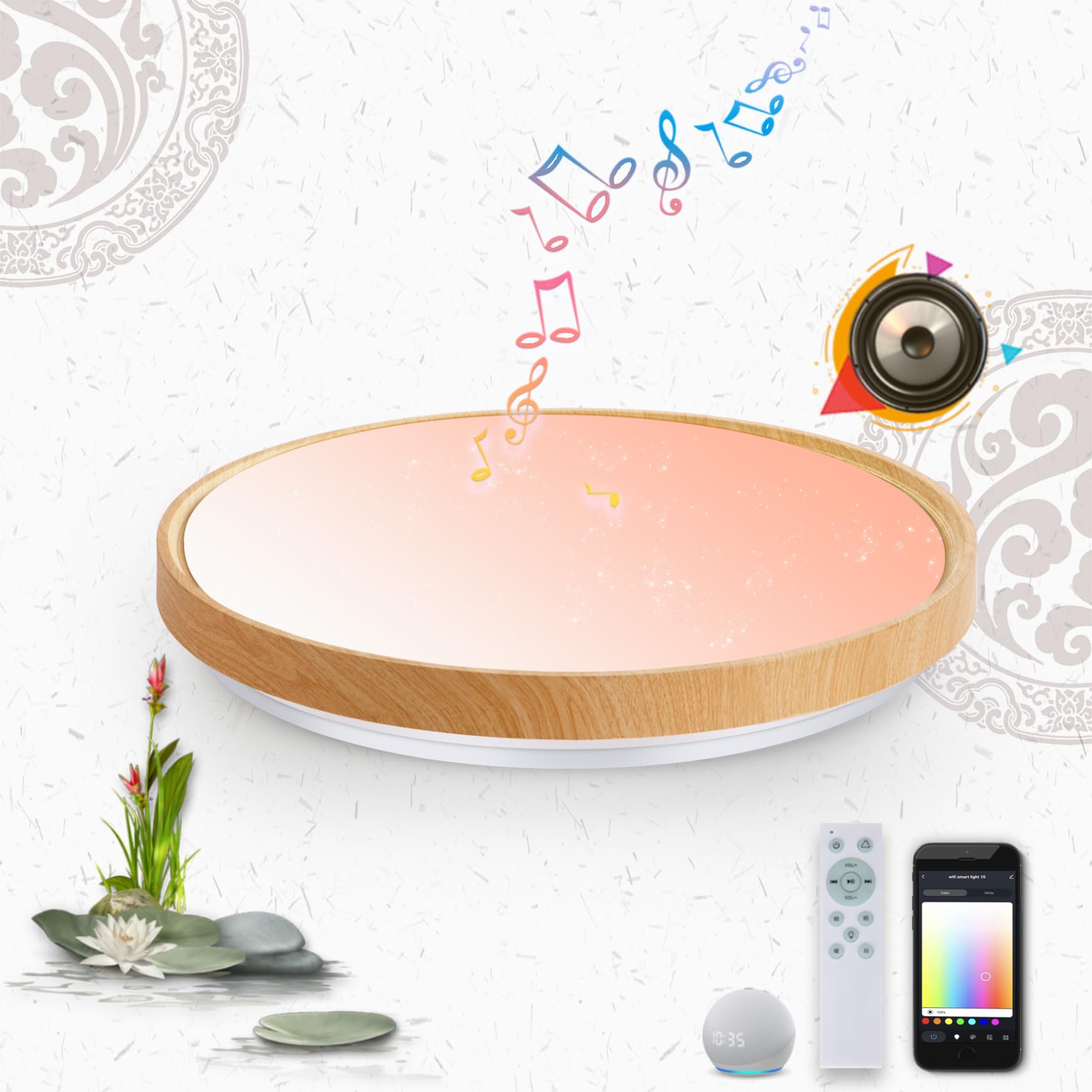 

Taiguraz Wood Grain LED Music Ceiling 10 8 WiFi Compatible with Amazon Bluetooth RGB Light Dimmable Remote Control Smart Home Ideal for Indoor