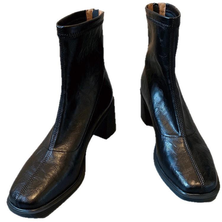 Soft leather version~ short boots commuter high-heeled elastic thin boots 2025 autumn and winter soft-soled public sector retro thick-heeled boots