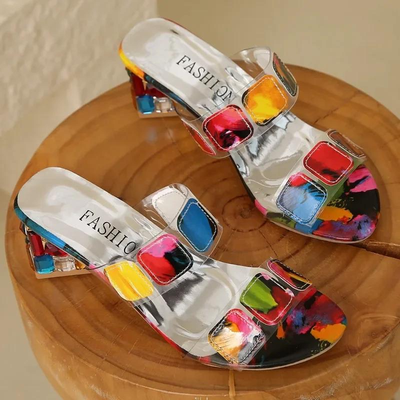 Ladies Shoes 2025 Summer New Mixed Colors Women's Slippers Rhinestones Chunky Heel Sandals Elegant Plus Size Daily Dress Slipper