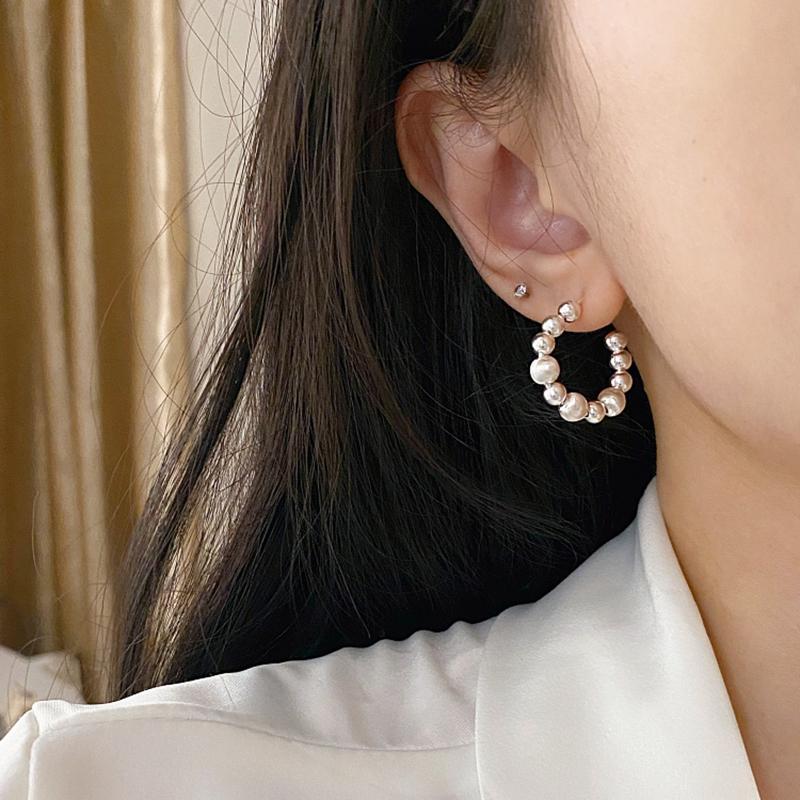 New 925 Silver Geometry C Shape Drop Earrings Metal Brushed Bead Semicircular Dangle Earring for Women Party Fine Jewelry Gift