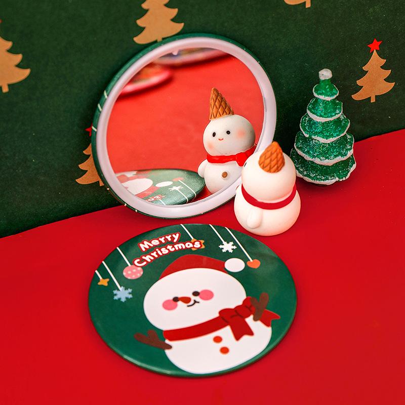 Cartoon Christmas Cute Mini Round Makeup Mirror - Portable Creative Holiday Gift
