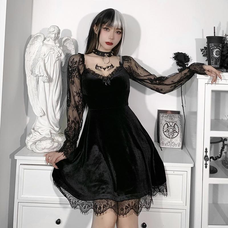 GlowGirl Halloween Gothic Grunge Punk Women Dress Long Sleeve Lace Slim Black Dresses New Y2K Harajuku Lolita Fairy Core Party Dress